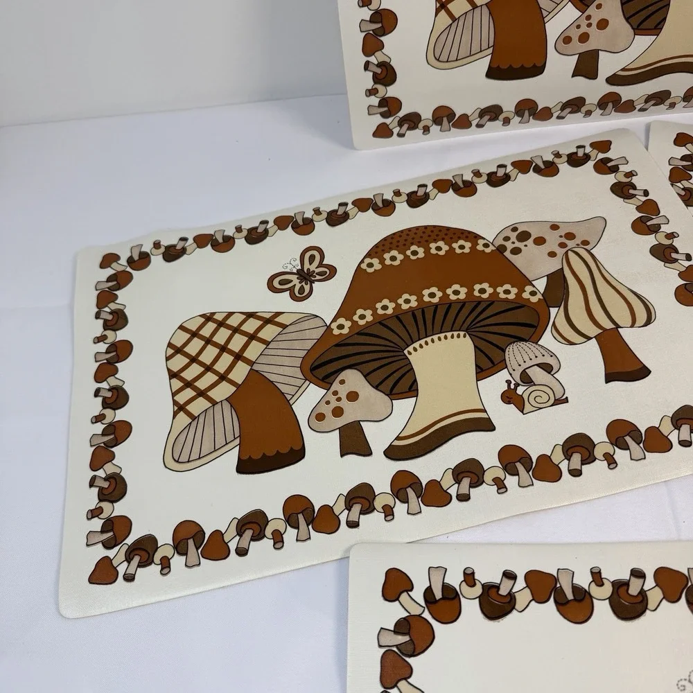 Vintage MOD Brown Mushroom Butterfly Vinyl Foam Placemat 70s Retro Lot of 4 MCM